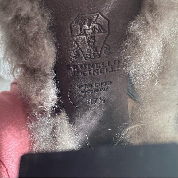 BRUNELLO CUCINELLI | ´Bordeaux’ Brown Leather Peep Toe Slip Bootie Gray Fur 37.5 - Picture 11 of 13